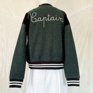 Preppy modern girly textured wool blend captain bomber green jacket